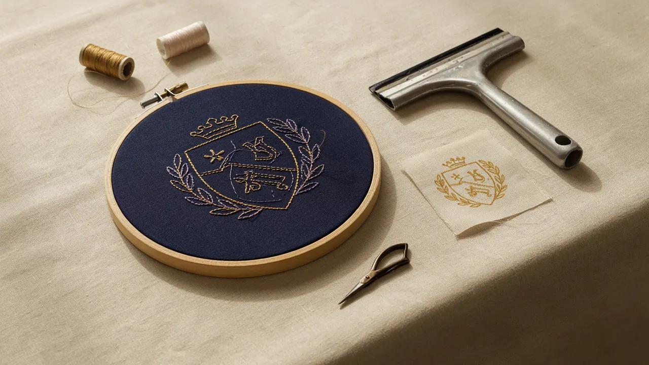 A school crest stitched in gold thread in an embroidery hoop, beside a screen-print squeegee and a printed swatch