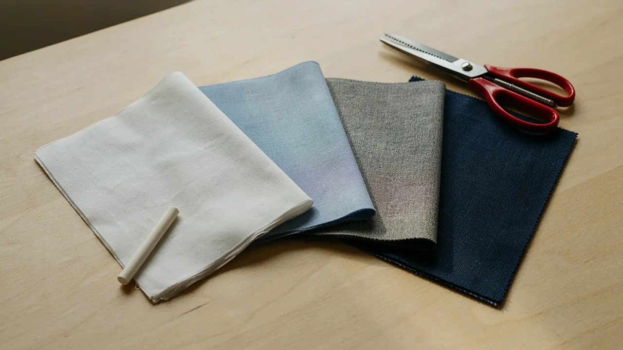 Cotton, poly-cotton, grey suiting and navy twill swatches fanned on a table with tailor's chalk and shears