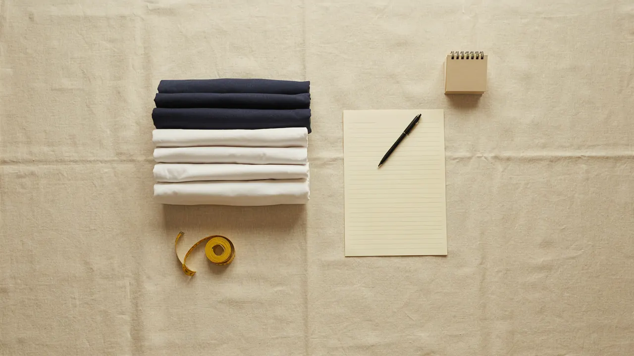 Folded navy and white uniform shirts beside a blank order sheet, a desk calendar and a tape measure on linen