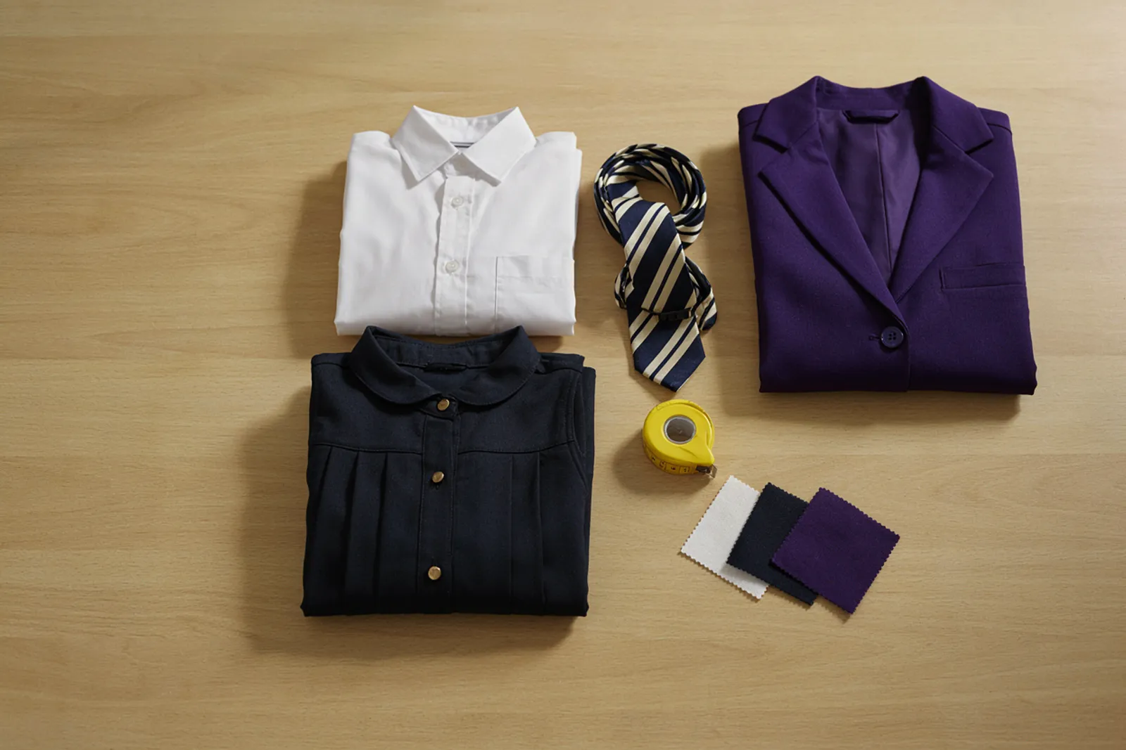 A school uniform set laid out flat: shirt, pinafore, striped tie, blazer and fabric swatches